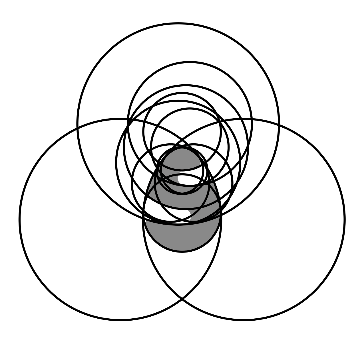 円の重なりだけでロゴの形を構成していることを示す図