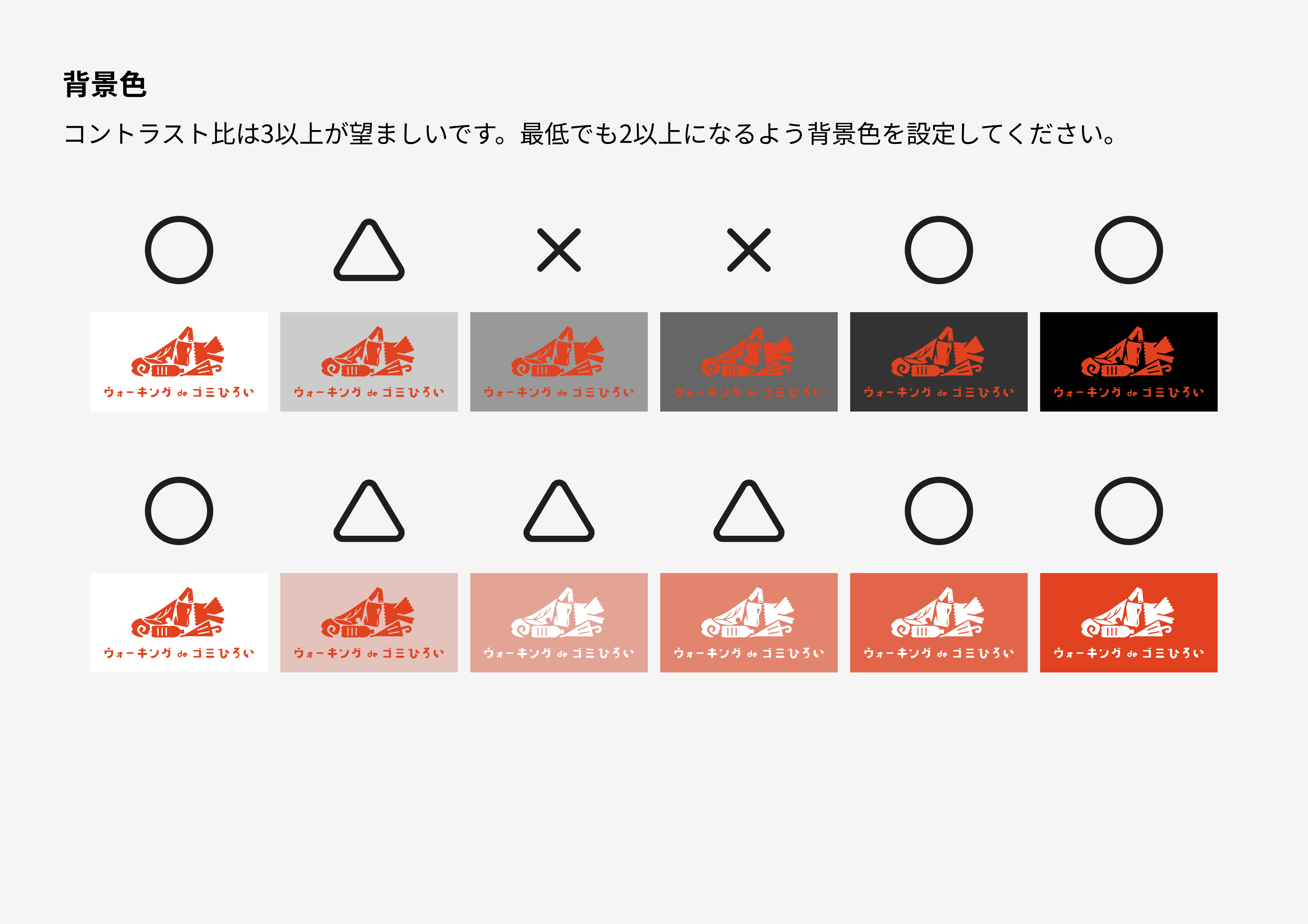 様々な背景色に対するロゴの視認性を○△×で判定した一覧