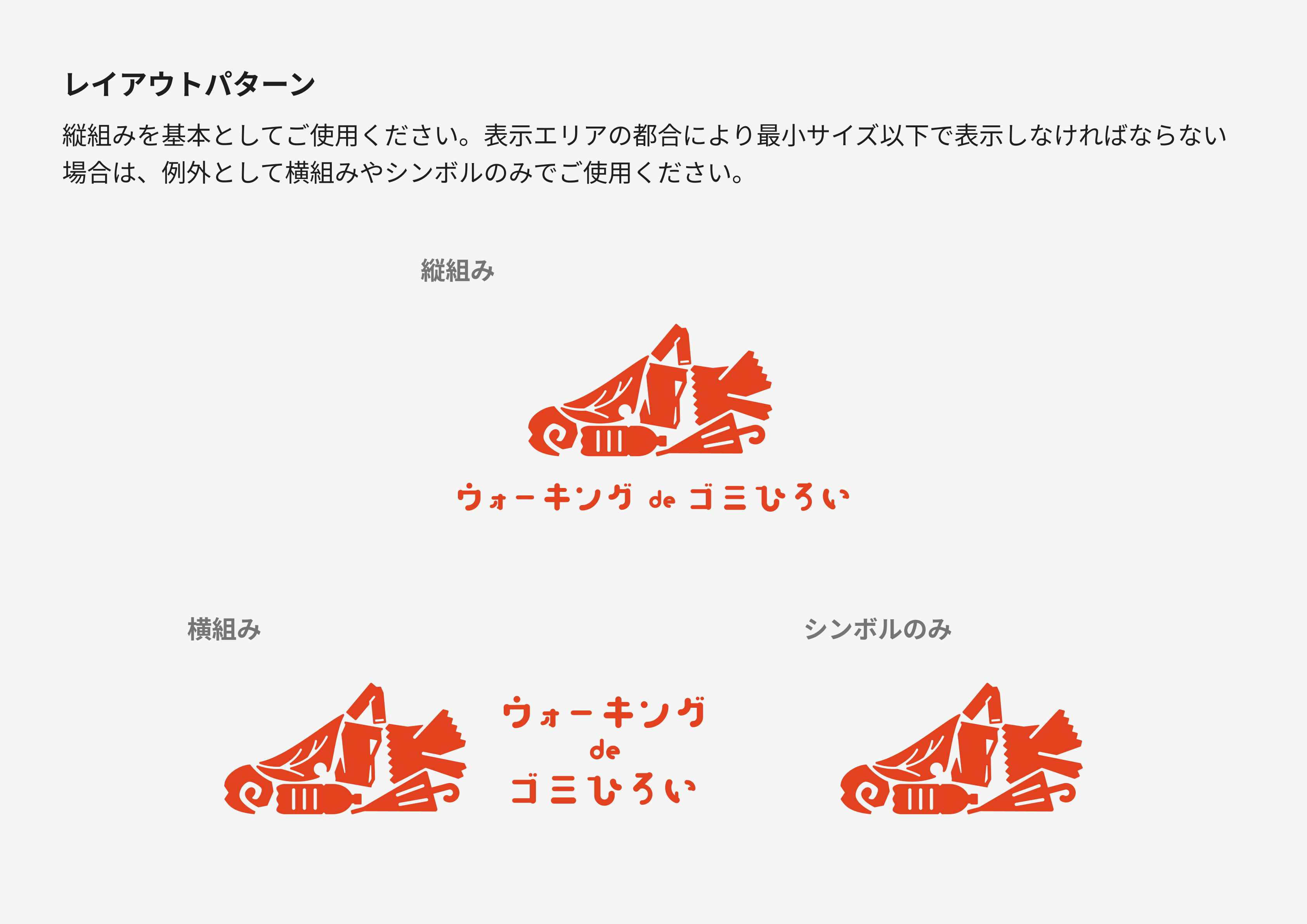 レイアウトパターン。縦組みを基本とし、横組み・シンボルのみは表示エリアの都合による例外として位置づけている