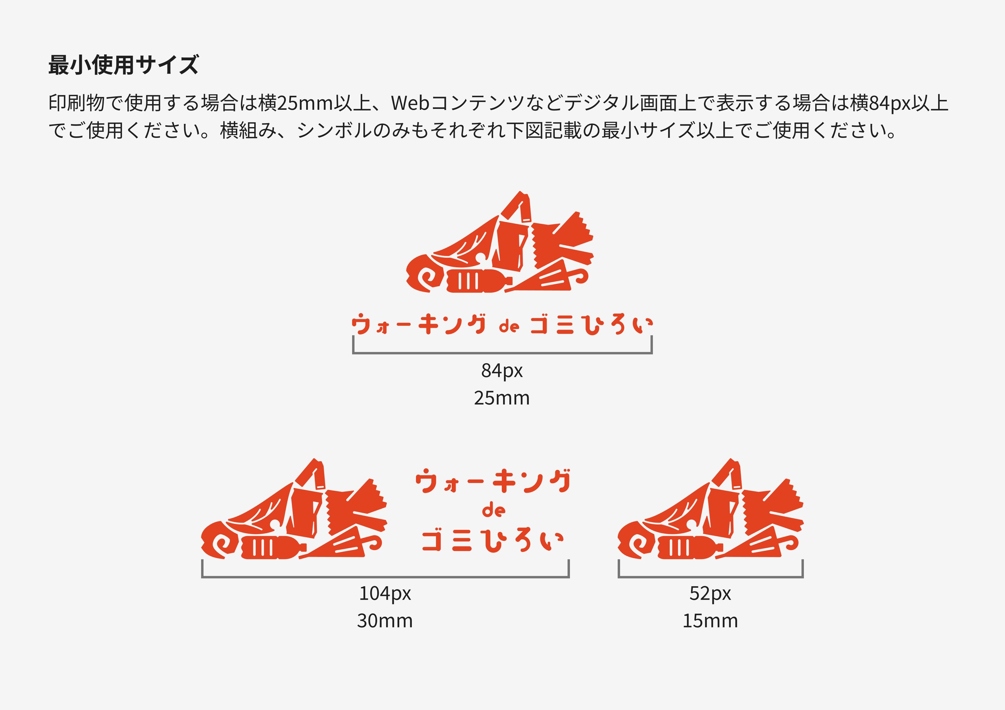 最小使用サイズのガイド図。印刷25mm/Web84px以上、横組みとシンボル単体はそれぞれ別基準